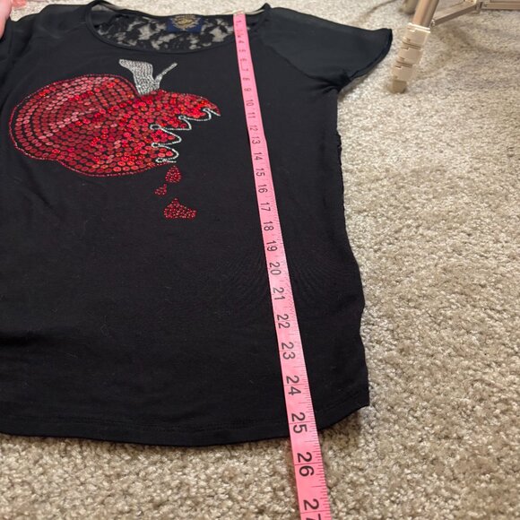 Disney Couture Womens Black Short-Sleeve Sequin Shirt Red Apple Lace Medium #119 - Picture 6 of 9
